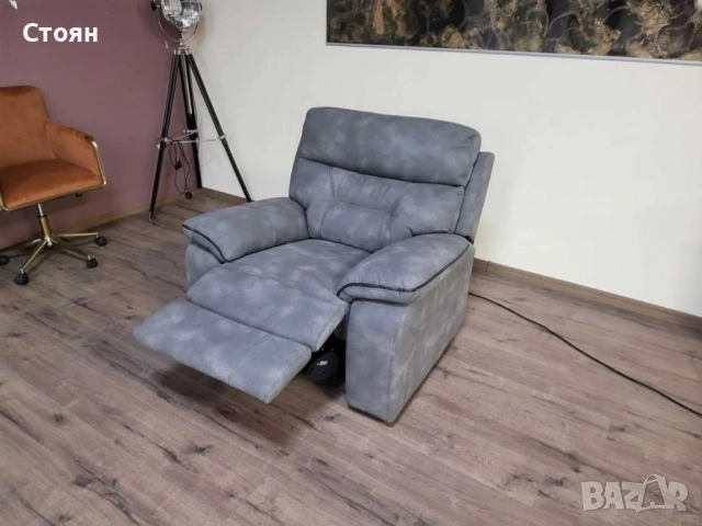 Сив фотьойл от плат с електрически релаксиращ механизъм, снимка 4 - Дивани и мека мебел - 51954186