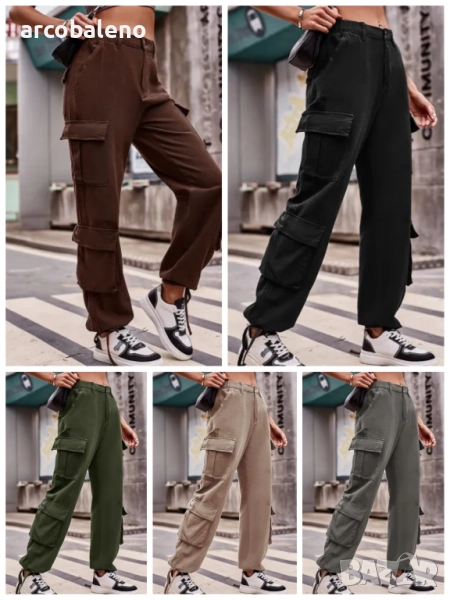 Дамски дънкови карго панталони с широки джобове и връзки, 5цвята , снимка 1