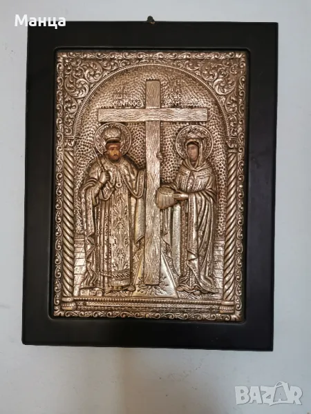 Гръцка сребърна икона Константин и Елена, снимка 1