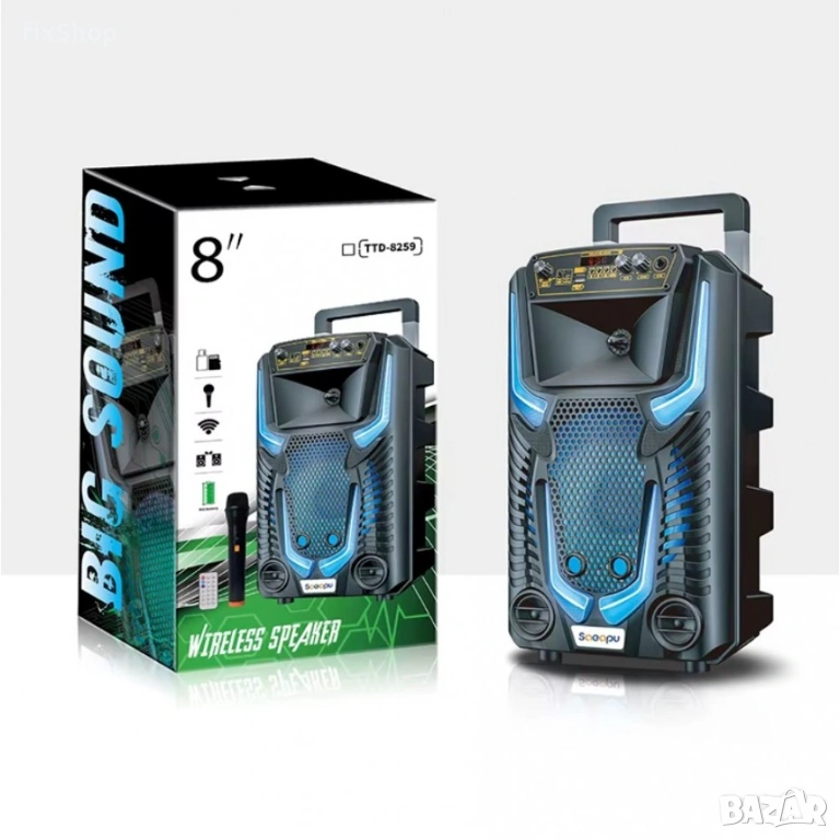 Караоке тонколона инча TTD-8259 8" | 20W, Телескопична Дръжка, LED RGB, Микрофон, снимка 1