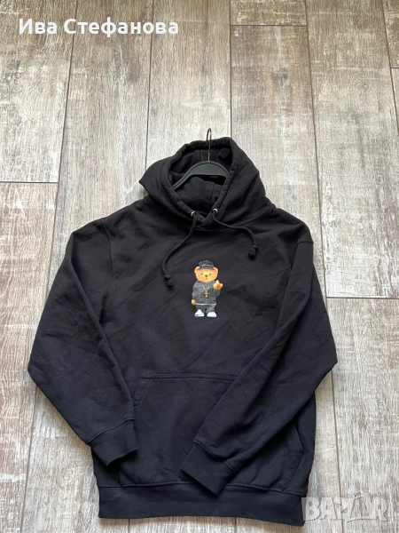 Спортна черна памук памучна  ватирана блуза суичър суитшърт с качулка мече, снимка 1