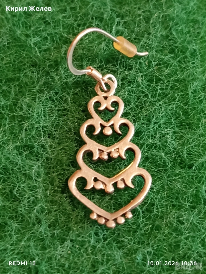 Висяща сребърна обеца с орнаментиран дизайн на сърца много красива 52642, снимка 1