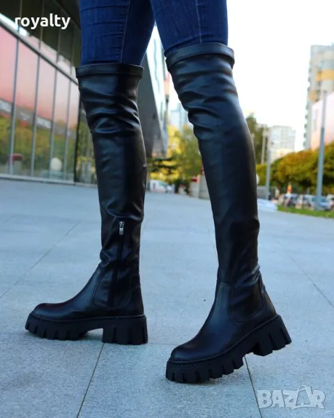 Чизми на платформа - черна кожа, снимка 1
