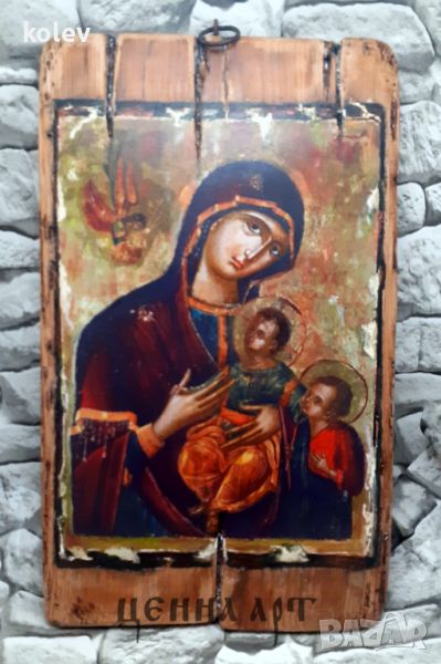 икона Богородица с децата Исус и Йоан Предтеча 38/23 см УНИКАТ, декупаж, снимка 1
