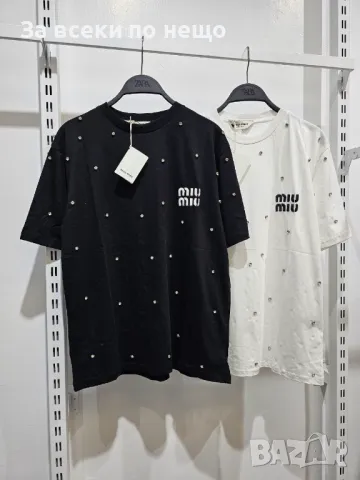 Miu Miu Дамска Тениска С Бродирано Лого И Пришити Камъни👚Дамска Блуза С Къс Ръкав-2 Цвята Код A500, снимка 6 - Тениски - 50104247