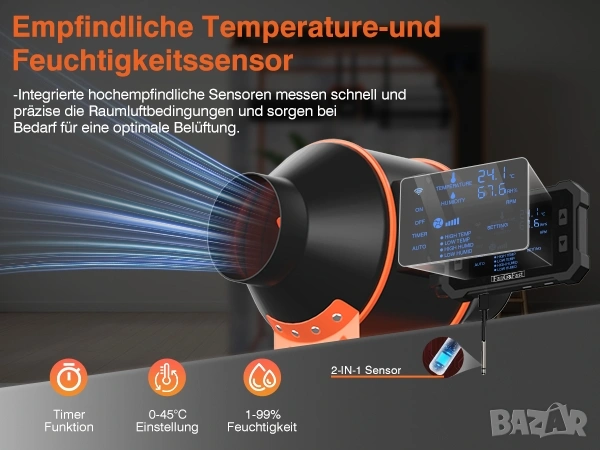 100mm Смарт Канален Вентилатор с WiFi, EC Мотор и Сензори за Климат, снимка 10 - Други машини и части - 53196446