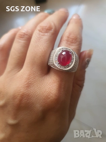 Мъжски сребърен пръстен с рубин в шлифовка кабошон, снимка 2 - Пръстени - 53046704