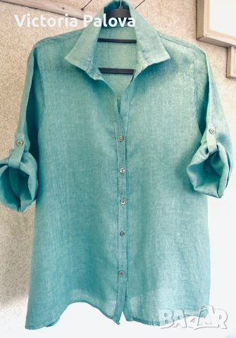 Дамска ленена риза красив цвят Ocean Air , снимка 3 - Ризи - 54152405