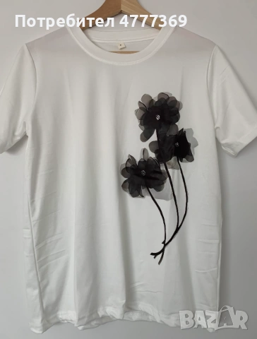 Бяла нова широка дамска тениска с принт черни цветя, снимка 2 - Тениски - 54127409