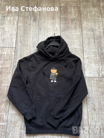Спортна черна памук памучна  ватирана блуза суичър суитшърт с качулка мече