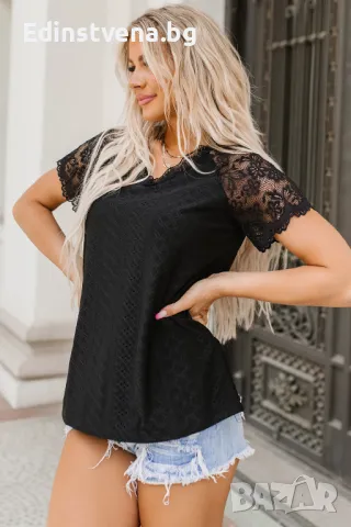 Дамска блуза в черно с къс ръкав и ефектна дантела, снимка 5 - Други - 50023239