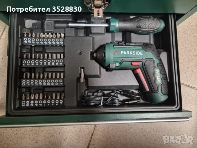 Метален куфар с акумулаторна отвертка PARKSIDE PWBM A1, с отвертка PAS D7, 1,5Ah, 4V, 92 части , снимка 12 - Други инструменти - 53148619