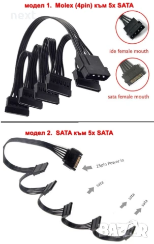 Разклонител/сплитер на захранващ SATA/ Molex кабел към 5 x SATA hdd