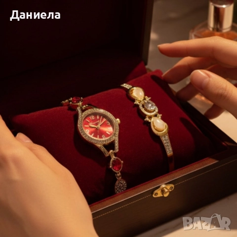 Луксозен дамски сет: часовник с кристали + гривна – в подаръчна опаковка, снимка 4 - Дамски - 51933144