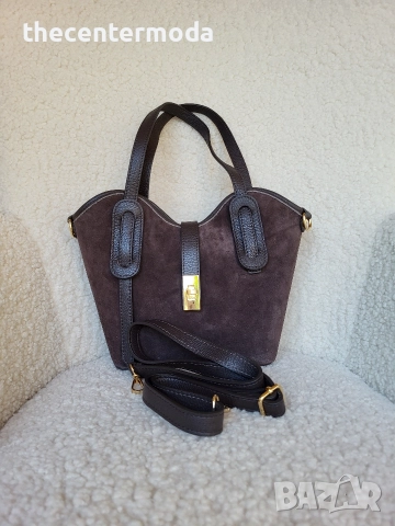 Чанта ,естествен велур в тъмно кафяво , снимка 2 - Чанти - 52746241
