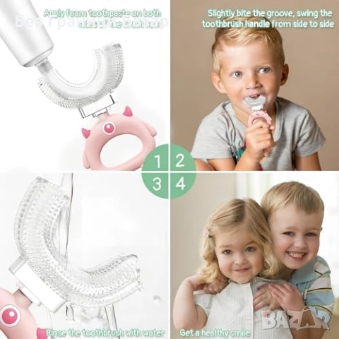 Нови 2 броя U-образна четка за зъби деца 2-12г 360° почистване силикон , снимка 6 - Други - 53521737