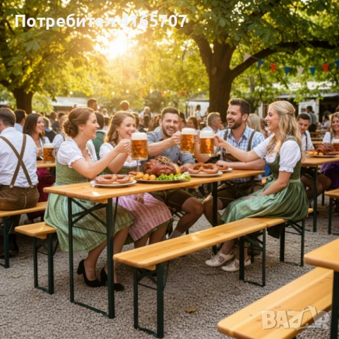 Сгъваем комплект градинска маса с 2 пейки - От чамово дърво, с отвор за чадър, снимка 3 - Градински мебели, декорация  - 53525520