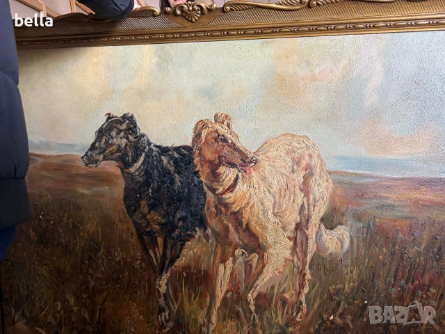 Старинно маслено платно "Руски борзои" – Музеен размер (140х110 см), снимка 6 - Антикварни и старинни предмети - 53863532