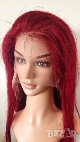 Естествена дантелена перука 80 см - 200% плътност, 13x6 Lace, бургунди тъмно червена права коса, снимка 5 - Аксесоари за коса - 53136225