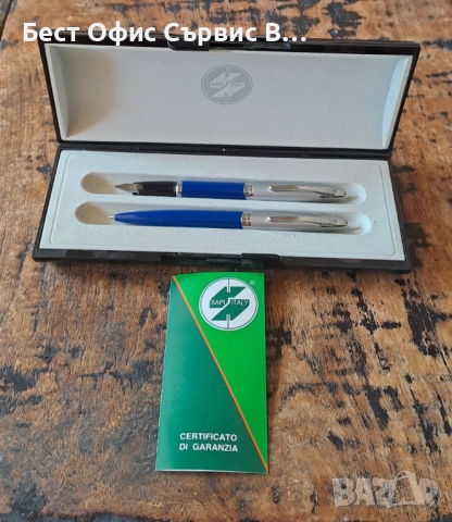 писалка и химикалка Сапи Sapi комплект сребро със синьо Италия в кутия, снимка 2 - Ученически пособия, канцеларски материали - 52472285