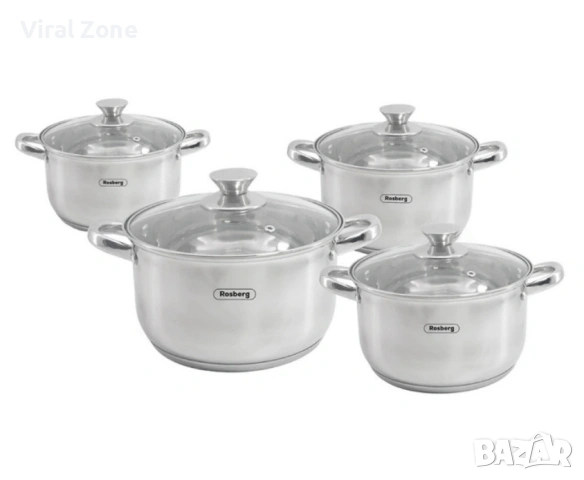 Комплект тенджери Rosberg 16/18/20/24см. - 1.8/2.5/3.4/5.8л., Неръжд. стомана