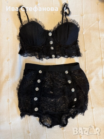 Луксозен черен дантела дантелен сет комплект от две части бикини висока талия с диамантени копчета , снимка 3 - Бельо - 52722150