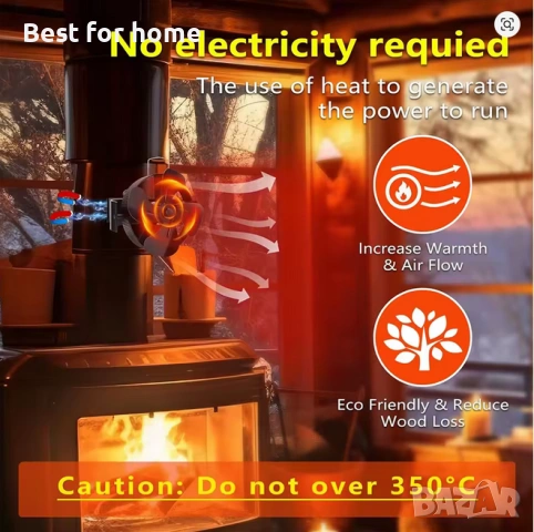 Вентилатор за камина с 4 лопатки, въртящ се на 360 градуса, за печка на дърва, еко-вентилатор, снимка 2 - Аксесоари за велосипеди - 53855099