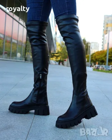 Чизми на платформа - черна кожа