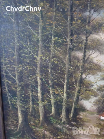 127х97см Quidousse/картина масло върху платно/пейзаж/къща-път-гора-езеро/масивна дървена рамка, снимка 4 - Картини - 50703341