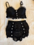 Луксозен черен дантела дантелен сет комплект от две части бикини висока талия с диамантени копчета , снимка 3