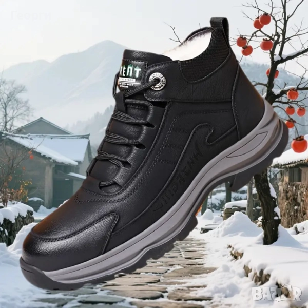 Мъжки кожени боти до глезена, с топла вълнена подплата., снимка 1