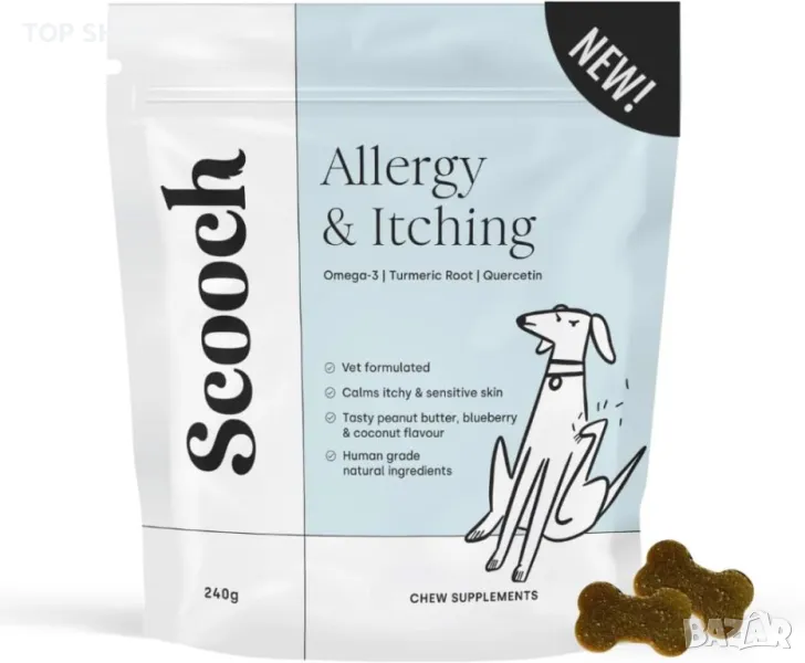 Scooch Добавка за кучета против алергии и сърбеж, фъстъчено масло и аромат на кокос - 60 дъвки, снимка 1