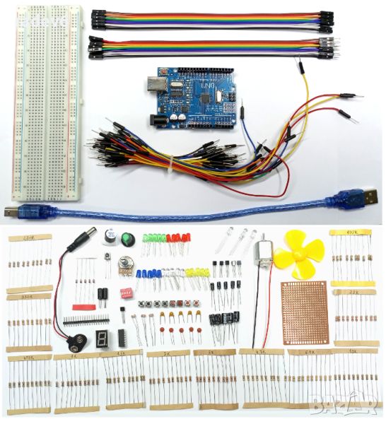 Комплект електронни компоненти с микроконтролерна платка UNO R3, ATMega328P-AU, Arduino, Ардуино KIT, снимка 1