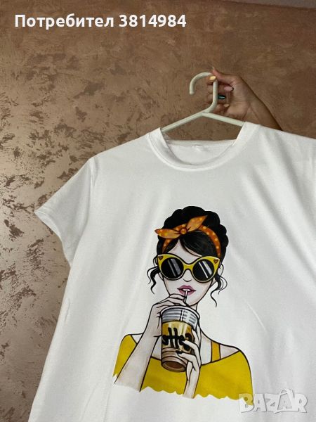 Дамска бяла тениска с рисунка на момиче + ПОДАРЪК слънчеви очила, снимка 1