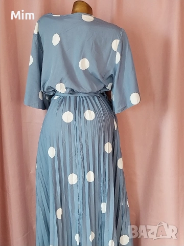 3XL Синя,дълга рокля солей на бели точки, снимка 8 - Рокли - 53741809
