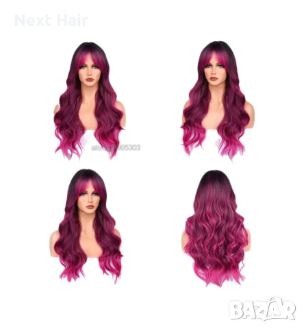 Омбре перука розово червена циклама с черни корени и бретон, снимка 7 - Аксесоари за коса - 51086945