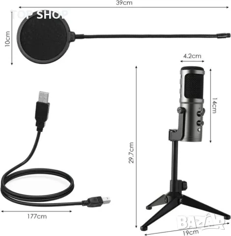 USB кондензаторен микрофон със статив и поп филтър111 от Mugig K58 >70dB, 5V,, снимка 5 - Микрофони - 49160916