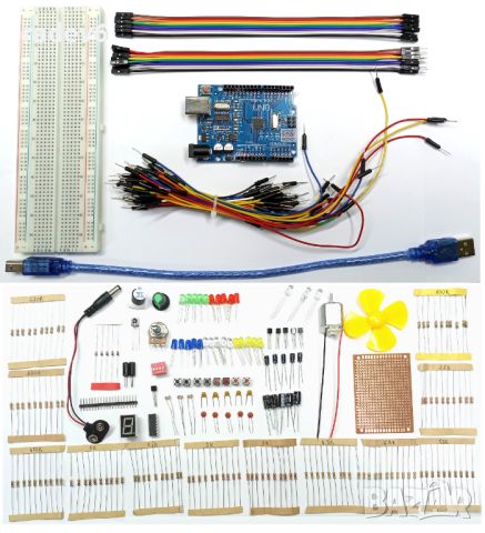 Комплект електронни компоненти с микроконтролерна платка UNO R3, ATMega328P-AU, Arduino, Ардуино KIT, снимка 1 - Друга електроника - 46329944