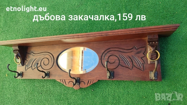 Старинна дъбова закачалка с рафт отгоре, огледало и дърворезба , снимка 3 - Закачалки - 52805926