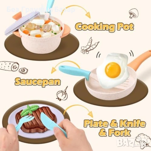 Нов детски Кухненски комплект за деца 35 части чайник чаши прибори, снимка 3 - Образователни игри - 53876346