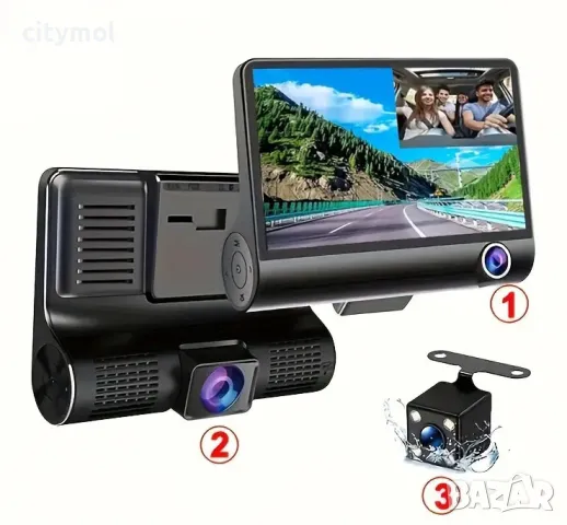 Видеорегистратор/Dash Cam, с 3 камери, FULL HD, дисплей 4", 5MPx, детекция на движение, циклично зап, снимка 1 - Аксесоари и консумативи - 47271765