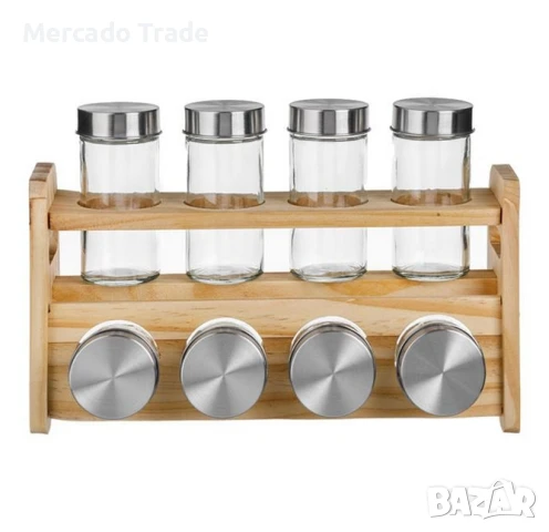 Дървена поставка за подправки Mercado Trade, с 8 стъклени буркана, снимка 3 - Кутии за съхранение - 51351568