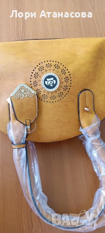 Чанта от висококачествена еко кожа в цвят горчица, с удължаваща се дръжка., снимка 3 - Чанти - 54015078