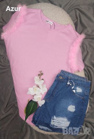 дамски комплект блуза с пух и къси дънкови панталонки , снимка 2 - Блузи с дълъг ръкав и пуловери - 46386691