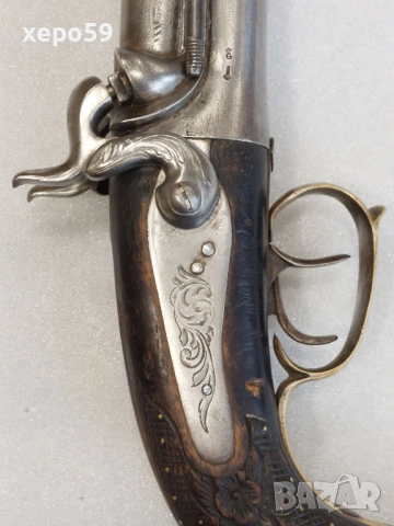 Рядък, в отлично състояние, двуцевен капсулен пищов-дамаскова стомана, снимка 12 - Антикварни и старинни предмети - 52292828