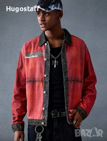 Ново мъжко дънково яке риза червено надписи деним памук ХЛ, снимка 3 - Якета - 52476329