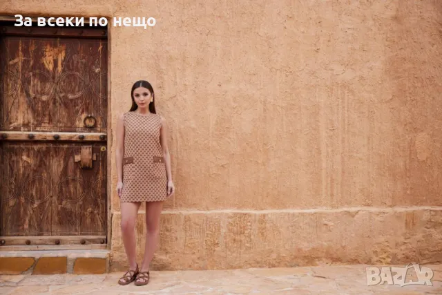 Gucci Дамска Бежова Къса Луксозна Рокля Гучи Код A486, снимка 2 - Рокли - 50090368