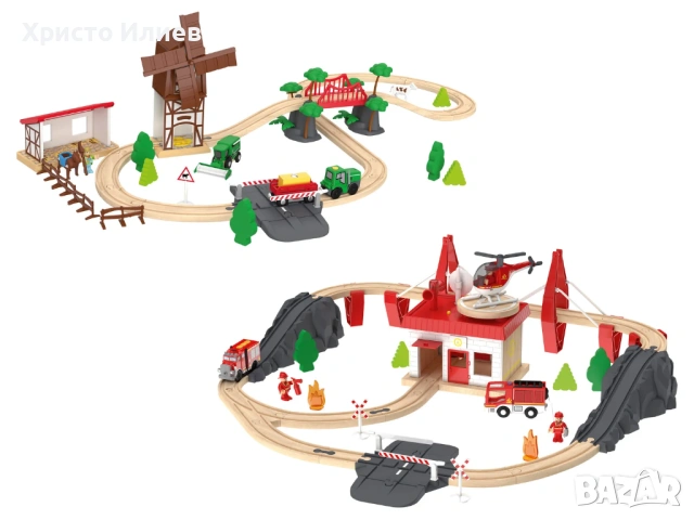 Дървена железница дървен влак с релси с пожарна противопожарна станция, снимка 4 - Образователни игри - 53793741