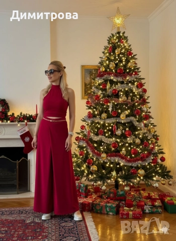 Дамски еластичен стилен червен костюм с пола панталон XS-XL