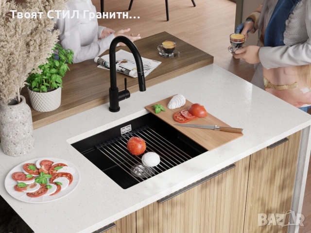 Черна кухненска мивка за вграждане под плот Прага 70 Level 660 x 470 мм, снимка 6 - Мивки - 53985804